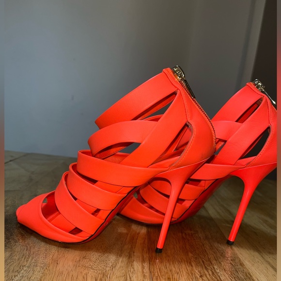 Jimmy Choo Dame Caged Sandals Leather Neon Orange High Heel Stilletos - Picture 4 of 10